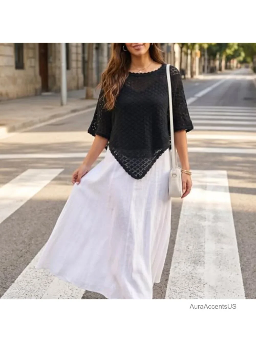 Womens Crochet Batwing Sleeve Poncho Scalloped Trim Off Shoulder Hollow Out
